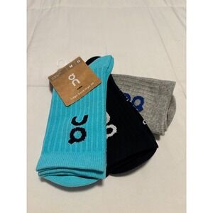 On Running Logo Sock High 3P Pack Turquoise Navy Grey Mens 9.5-11.5 New